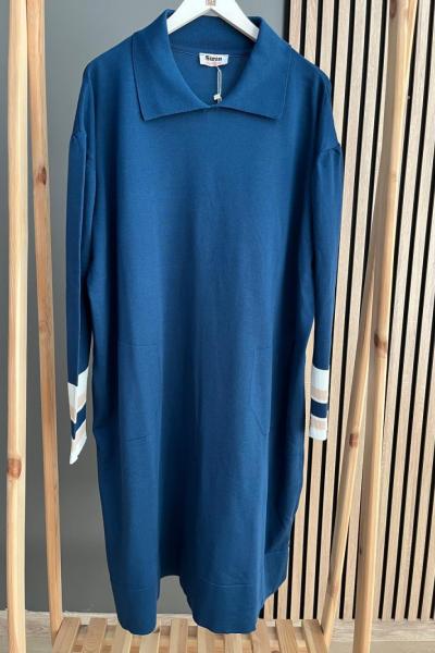 Şirin Yakalı Cepli Tam Boy Tunik İndigo