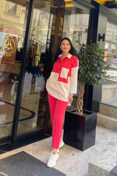 Ceremony Gömlekli Tek Cepli İki Renkli Finike Pantolonlu Takım Nar Çiçeği