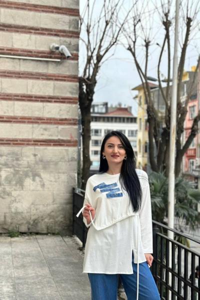 Ceremony Allerli Zikzak Denim Detaylı Süprem Penye Tunik Ekru