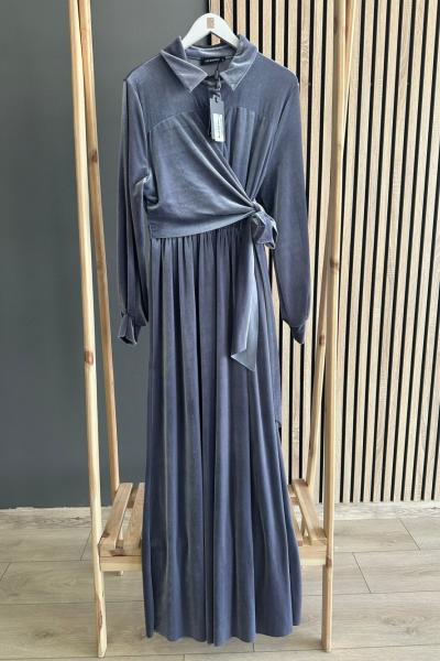 Ceremony Bağlamalı Yarım Düğme Kadife Elbise Gri