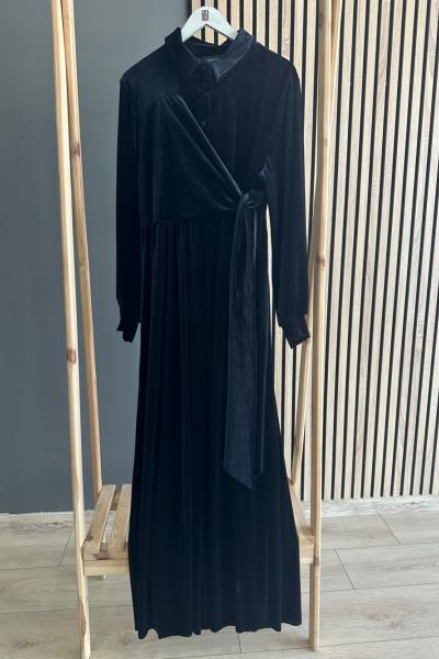 Ceremony Bağlamalı Yarım Düğme Kadife Elbise Siyah