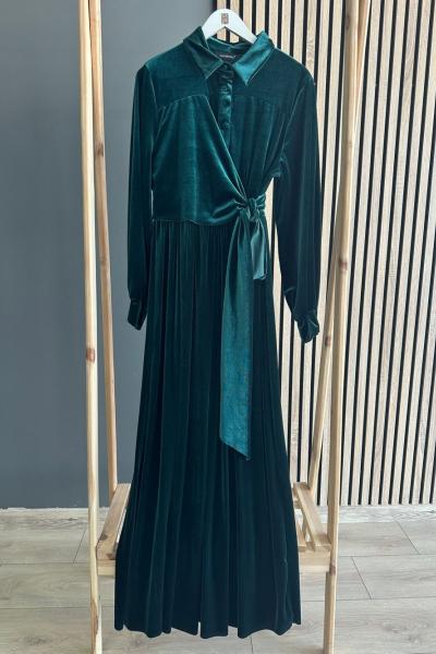Ceremony Bağlamalı Yarım Düğme Kadife Elbise Zümrüt