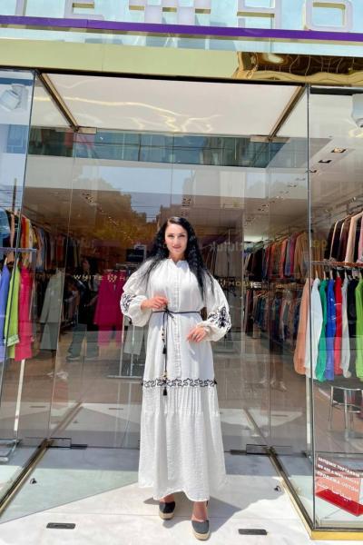 Ceremony Balon Kollu İşlemeli Keten Elbise Beyaz