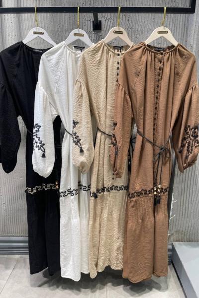 Ceremony Balon Kollu İşlemeli Keten Elbise Siyah