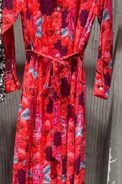 Ceremony Baskılı Kloş Gömlek Elbise Kırmızı