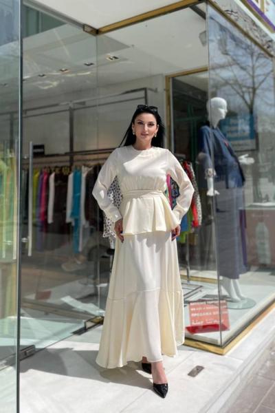 Ceremony Beli Verev Parçalı Belden Kuşaklı Samar Elbise Krem