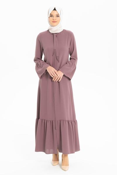 Beyza  Cevher Yakası Bağcıklı Taş İşlemeli Ferace Gül Kurusu