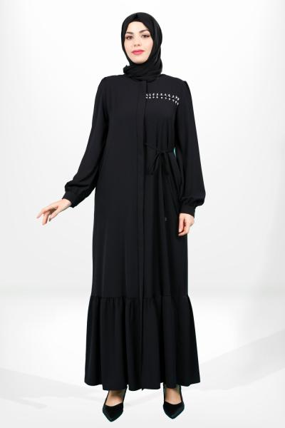 Beyza Fermuarlı Yandan Bağlama Detaylı Eteği Büzgülü Ferace-3877 Siyah