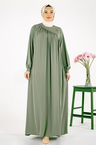 Beyza  İris Çapraz Robalı Büzgülü Dökümlü Elbise Yeşil