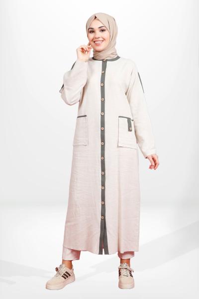 Beyza SheFa Ahşap Düğme Detaylı Garnili Giyçık Bej