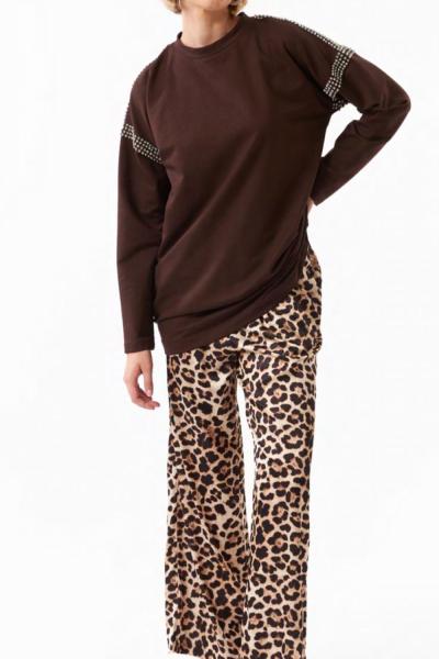 BM İstanbul Omuzu Taşlı Şık Tasarım Tunik Kahverengi