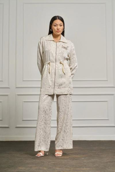 BM İstanbul Fermuarlı Belden Büzgülü Desenli Takım Krem