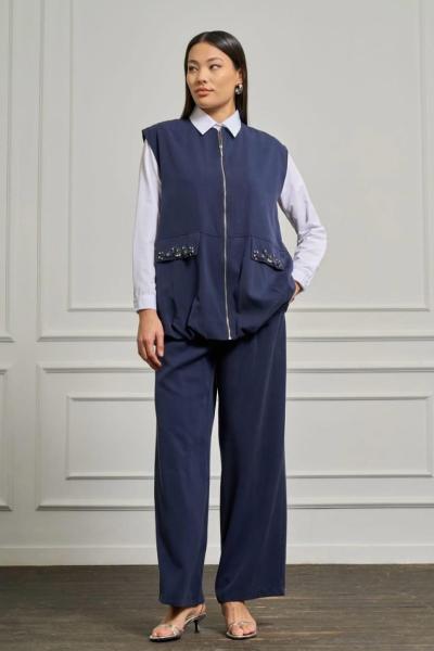 BM İstanbul Yelek Cebi Taşlı Pantolonlu Takım Lacivert