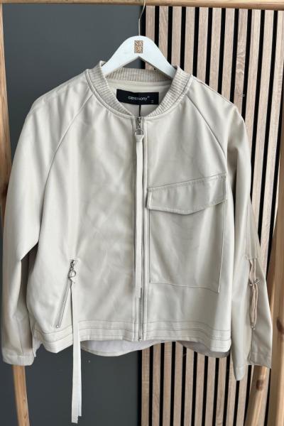 Ceremony Cep Detaylı Kısa Deri Ceket Taş Rengi