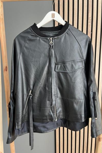 Ceremony Cep Detaylı Kısa Deri Ceket Siyah