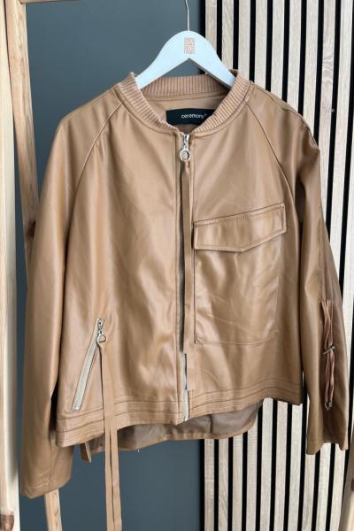 Ceremony Cep Detaylı Kısa Deri Ceket Camel