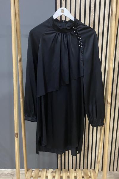 Ceremony Önü Allerli Yakası İşlemeli Saten Bluz Siyah