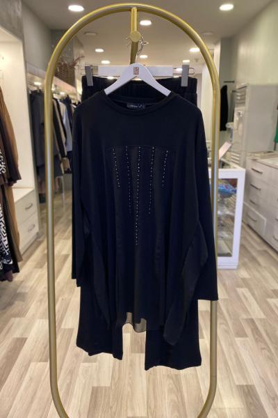 Ceremony Şifon Garnili Boncuk İşlemeli Örme Krep Takım Siyah