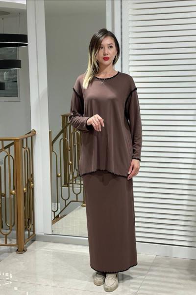 Ceremony Çoban Dikişli Etekli Çelik Triko Takım Kahverengi