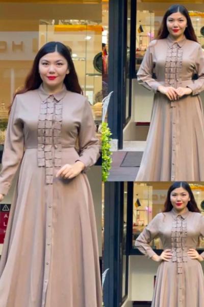 Ceremony Ön Patı Aplike Detaylı Tam Boy Tencel Elbise Vizon