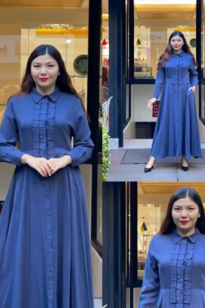 Ceremony Ön Patı Aplike Detaylı Tam Boy Tencel Elbise Lacivert