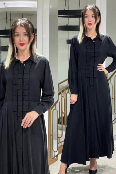 Ceremony Ön Patı Aplike Detaylı Tam Boy Tencel Elbise Siyah