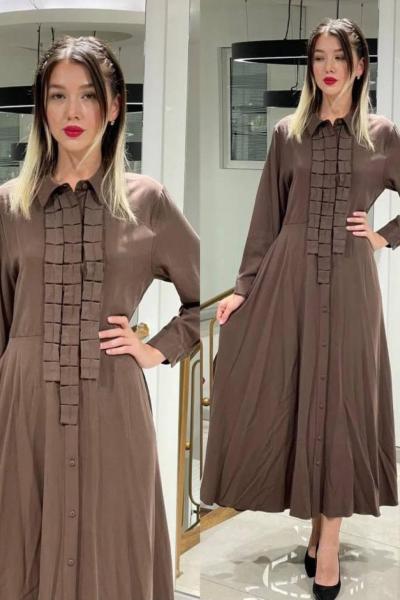 Ceremony Ön Patı Aplike Detaylı Tam Boy Tencel Elbise Kahverengi