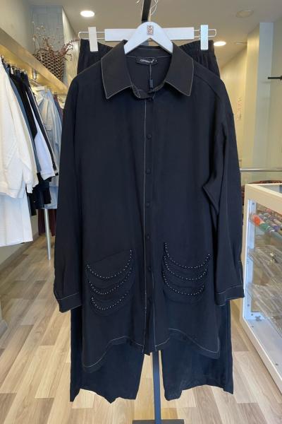 Ceremony Önden Düğmeli Bakır Boncuk Detay Dubai Bol Paça Pasion Pantolonlu Takım  Siyah