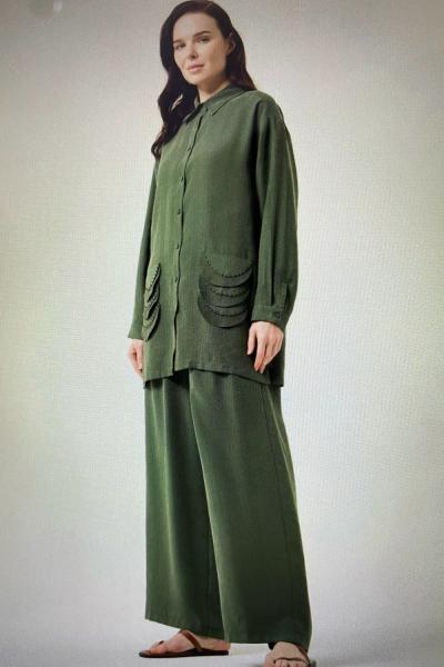Ceremony Önden Düğmeli Bakır Boncuk Detay Dubai Bol Paça Pasion Pantolonlu Takım  Koyu Yeşil