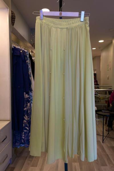 Ceremony Önü İnce Ve Kraş Şifon Detaylı Beli Lastikli Vien Etek  Fıstık Yeşili