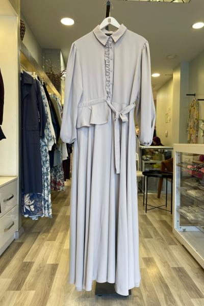 Ceremony Önden Patı Fırfırlı Belden Kuşaklı Kloş Vien Elbise  Taş Rengi