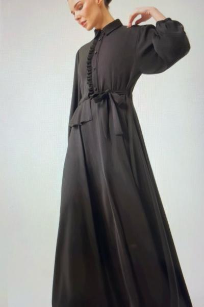 Ceremony Önden Patı Fırfırlı Belden Kuşaklı Kloş Vien Elbise  Siyah