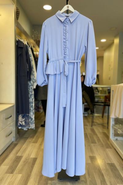 Ceremony Önden Patı Fırfırlı Belden Kuşaklı Kloş Vien Elbise  Mavi