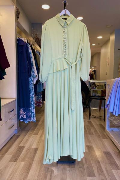 Ceremony Önden Patı Fırfırlı Belden Kuşaklı Kloş Vien Elbise  Fıstık Yeşili