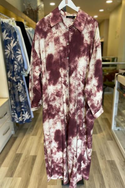 Ceremony Önden Düğmeli Belden Kuşaklı Sulu Boya Baskılı Elbise Acı Kahve