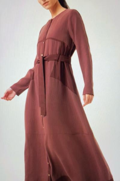 Ceremony Önden Sarı Metal Düğmeli Dubai Detay Kolsuz Pasion Elbise Acı Kahve