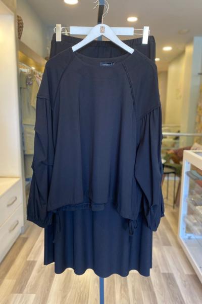 Ceremony Önü Ve Arkası Bambu Etek Ucu Büzgülü Kolları Suluboya Baskılı Kısa Tunik Siyah