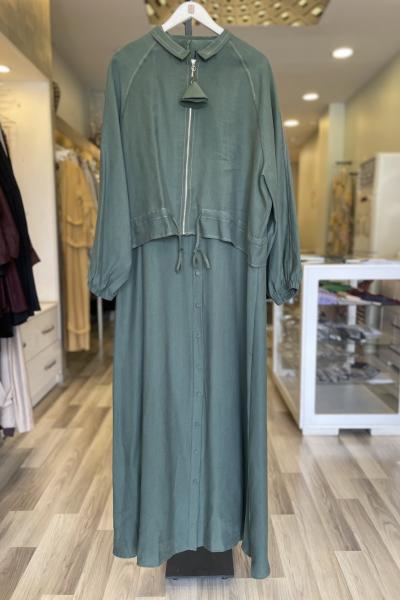 Ceremony İç Elbisesi Önden Baskı Düğmeli Kısa Ceketli Elbise Takım Yeşil