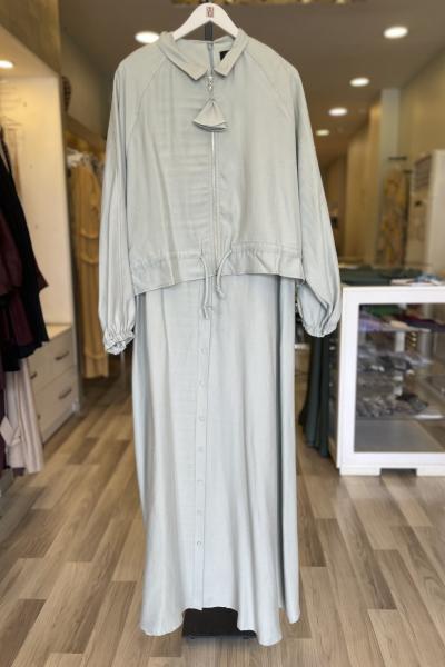 Ceremony İç Elbisesi Önden Baskı Düğmeli Kısa Ceketli Elbise Takım Çağla Yeşili