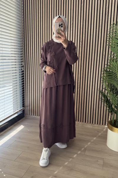 Ceremony Çapraz Bantlı Üzeri Düğme Detaylı Pasion Etekli Takım Kızıl Kahve