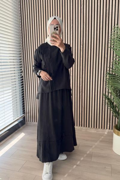 Ceremony Çapraz Bantlı Üzeri Düğme Detaylı Pasion Etekli Takım Siyah