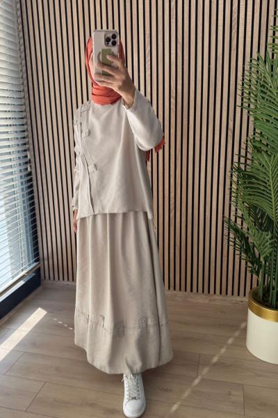 Ceremony Çapraz Bantlı Üzeri Düğme Detaylı Pasion Etekli Takım Taş Rengi