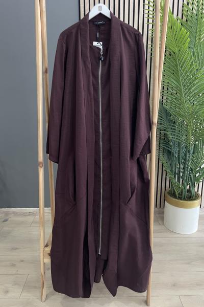 Ceremony Önü Fermuarlı Şal Yaka Dubai Ferace Kızıl Kahve