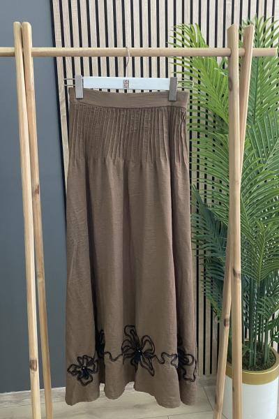 Ceremony İşlemeli Keten Etek Kahverengi