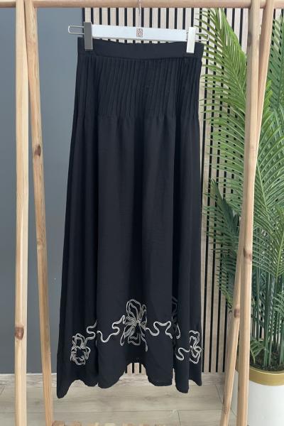 Ceremony İşlemeli Keten Etek Siyah
