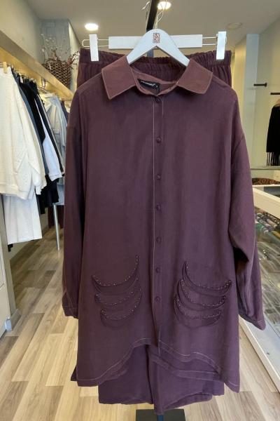 Ceremony Önden Düğmeli Bakır Boncuk Detay Dubai Bol Paça Pasion Pantolonlu Takım  Bordo