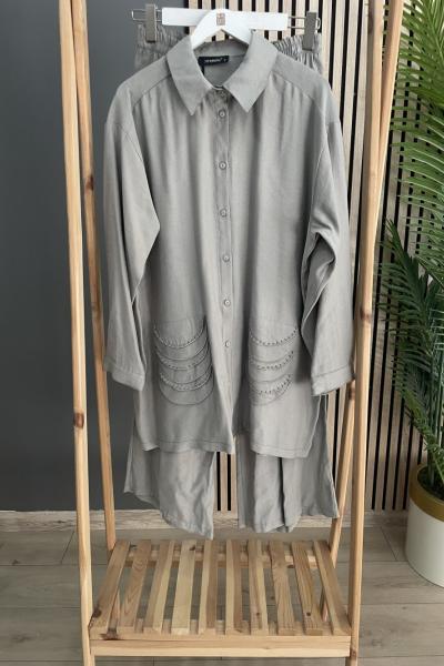 Ceremony Önden Düğmeli Bakır Boncuk Detay Dubai Bol Paça Pasion Pantolonlu Takım  Gri