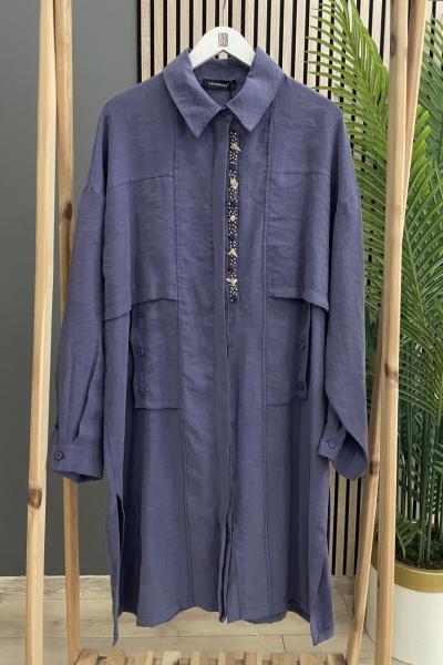 Ceremony Ön Patı Boncuk İşlemeli Uzun Pasion Tunik İndigo