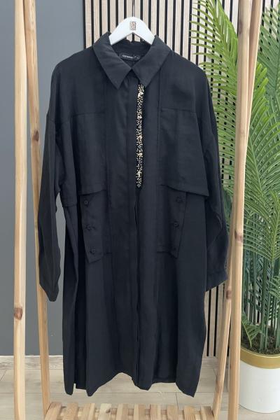 Ceremony Ön Patı Boncuk İşlemeli Uzun Pasion Tunik Siyah