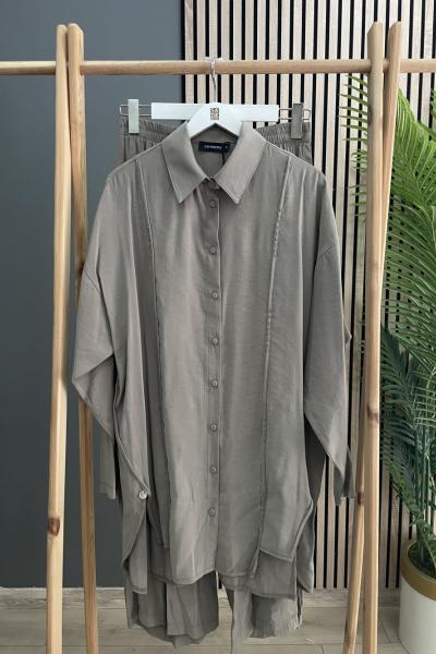 Ceremony İki Yanı Yırtmaçlı Ön Kupları Apara Detaylı Pantolonlu Tunik Haki